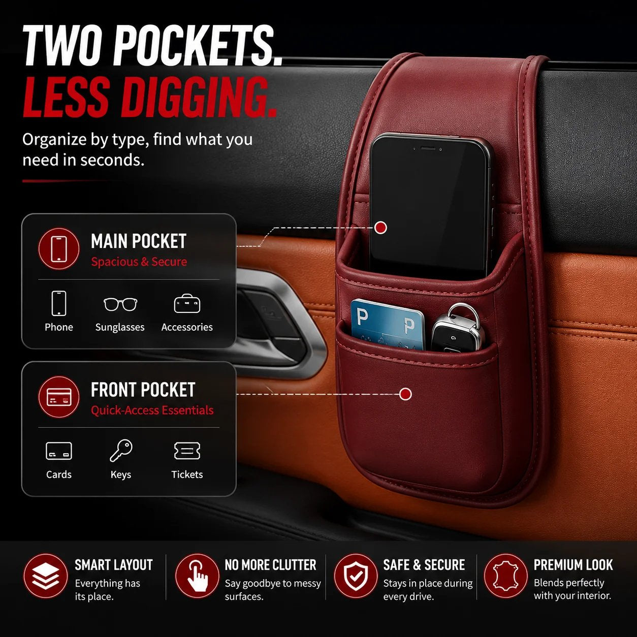 Leather Car Door Storage Pocket | Double-Layer Car Door Organizer