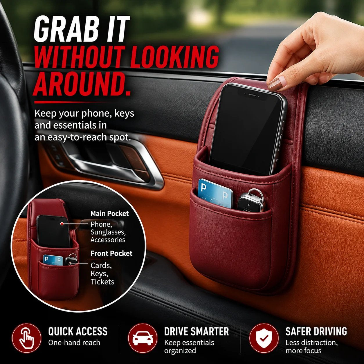 Leather Car Door Storage Pocket | Double-Layer Car Door Organizer