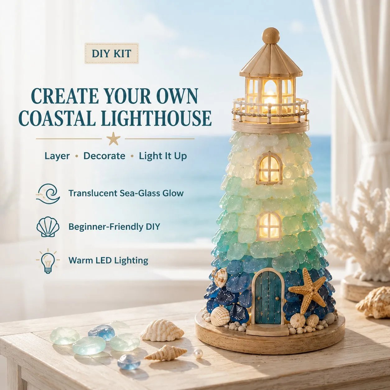 💥 LAST DAY 49% OFF - 💙 DIY Sea Glass Lighthouse Kit – Light-Up Coastal Craft & Handmade Home Decor
