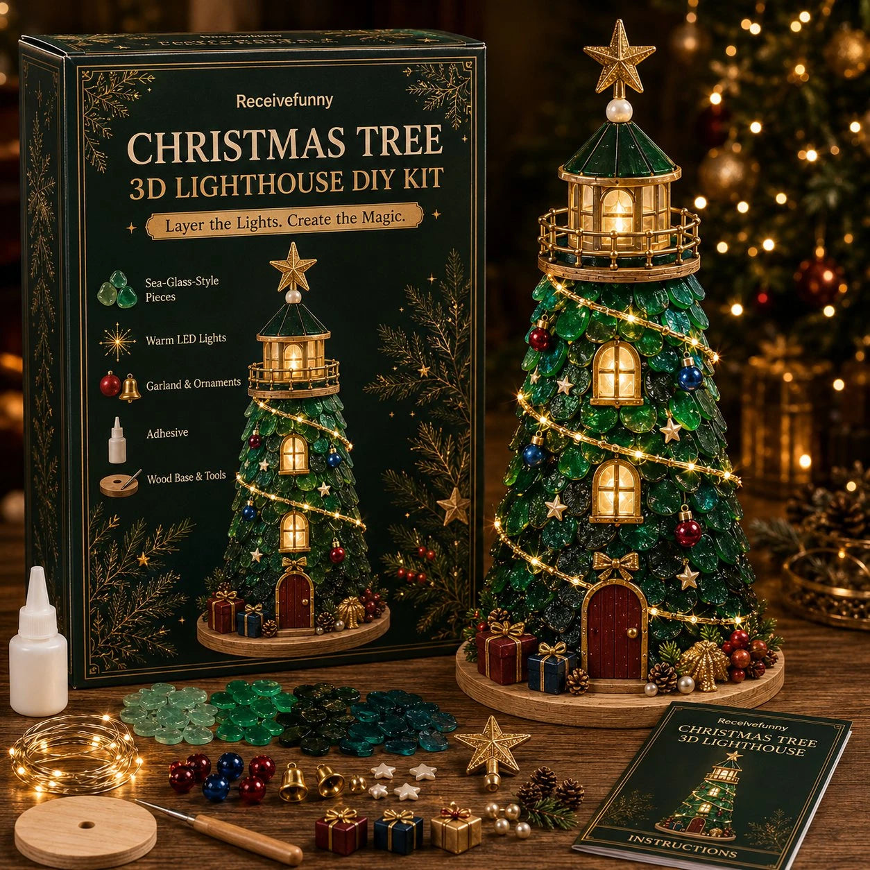 🎄Beginner-Friendly DIY Lighted Christmas Character Sea Glass-Style Lighthouse Kit Collection | Complete Kit with Sea Glass-Style Pieces, LED Lights & Step-by-Step Guide Included 💕