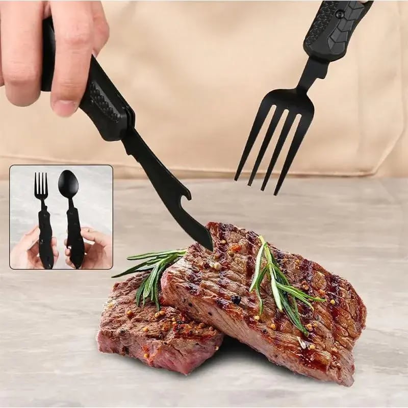 Foldable Stainless Steel Camping Utensil Multitool Set, Quick-Detach Portable Cutlery for Outdoor Backpacking &amp; Travel