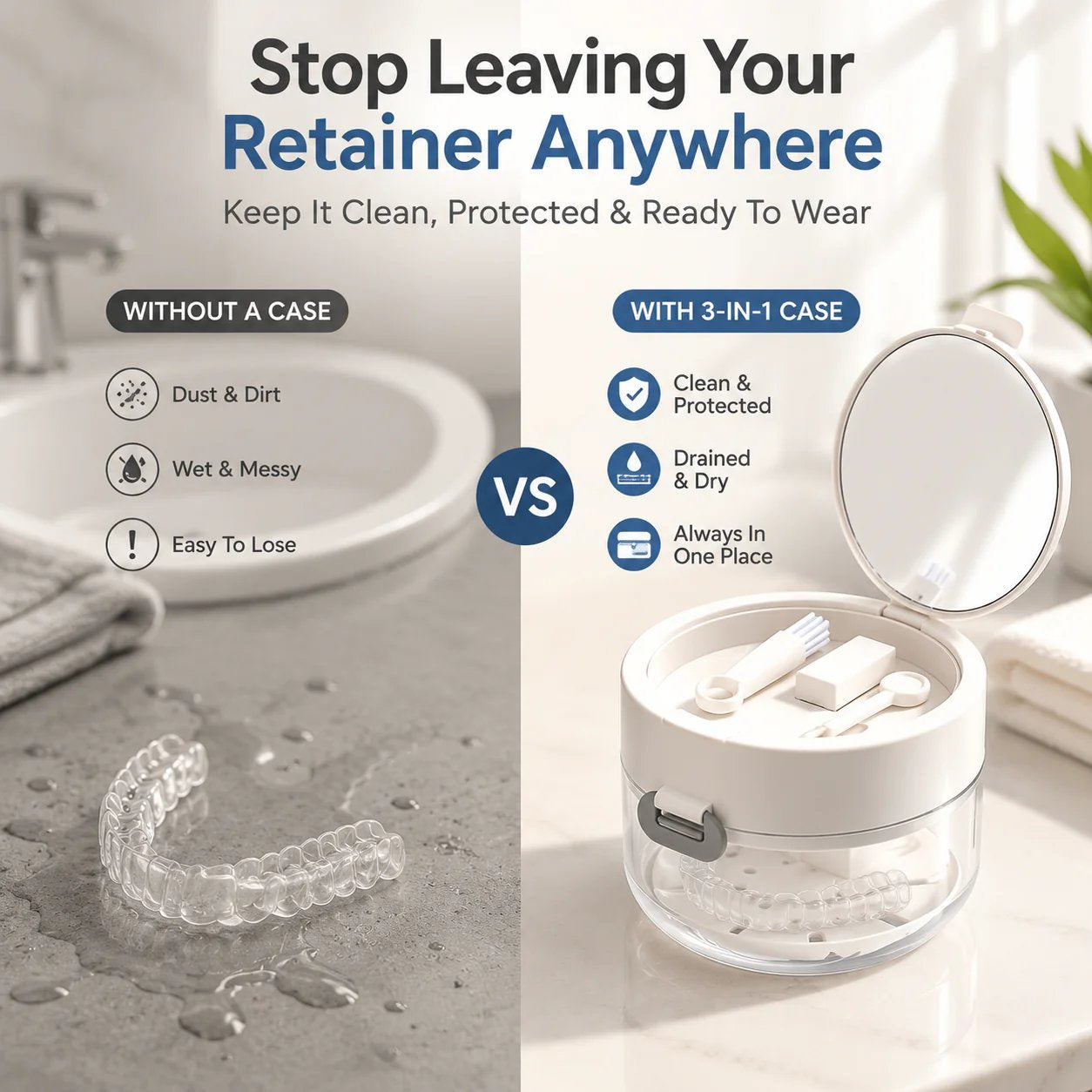 ✨ Portable 3-in-1 Retainer Cleaner Case | Clean, Drain, Dry & Store Aligners, Mouth Guards and Dentures in One Compact Organizer