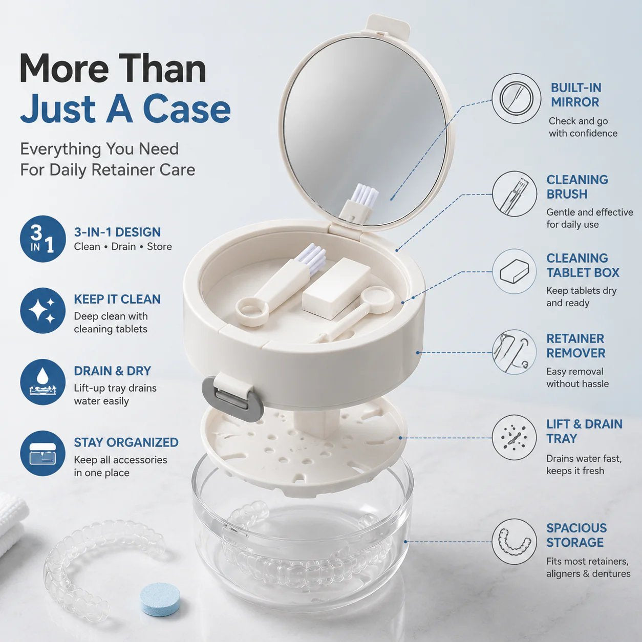 ✨ Portable 3-in-1 Retainer Cleaner Case | Clean, Drain, Dry & Store Aligners, Mouth Guards and Dentures in One Compact Organizer