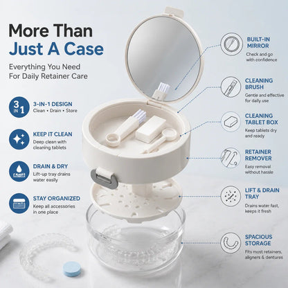 ✨ Portable 3-in-1 Retainer Cleaner Case | Clean, Drain, Dry & Store Aligners, Mouth Guards and Dentures in One Compact Organizer