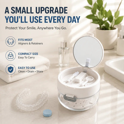 ✨ Portable 3-in-1 Retainer Cleaner Case | Clean, Drain, Dry & Store Aligners, Mouth Guards and Dentures in One Compact Organizer