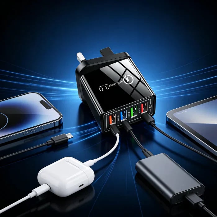 4-Port USB Travel Charger One Charger. Four Devices. Less to Pack.