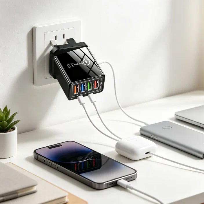 4-Port USB Travel Charger One Charger. Four Devices. Less to Pack.