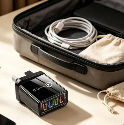4-Port USB Travel Charger One Charger. Four Devices. Less to Pack.